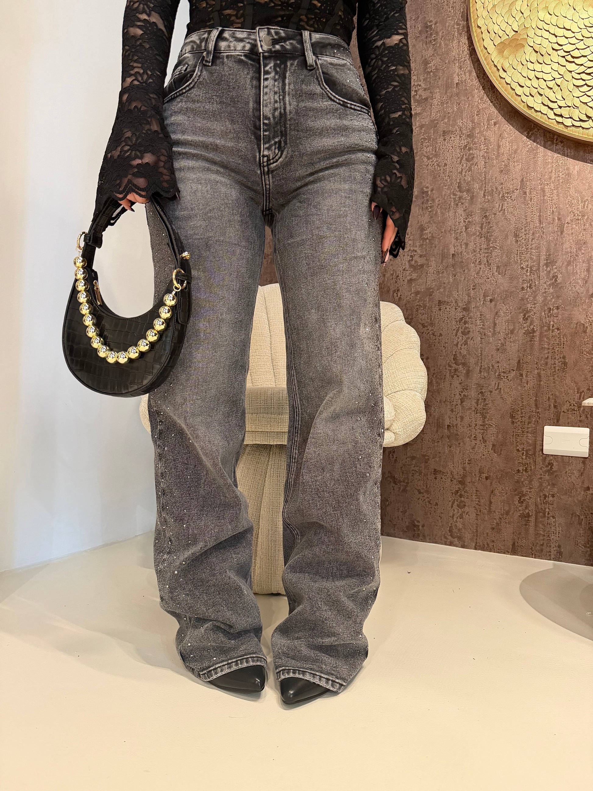 Jeans wide leg con brillantini
