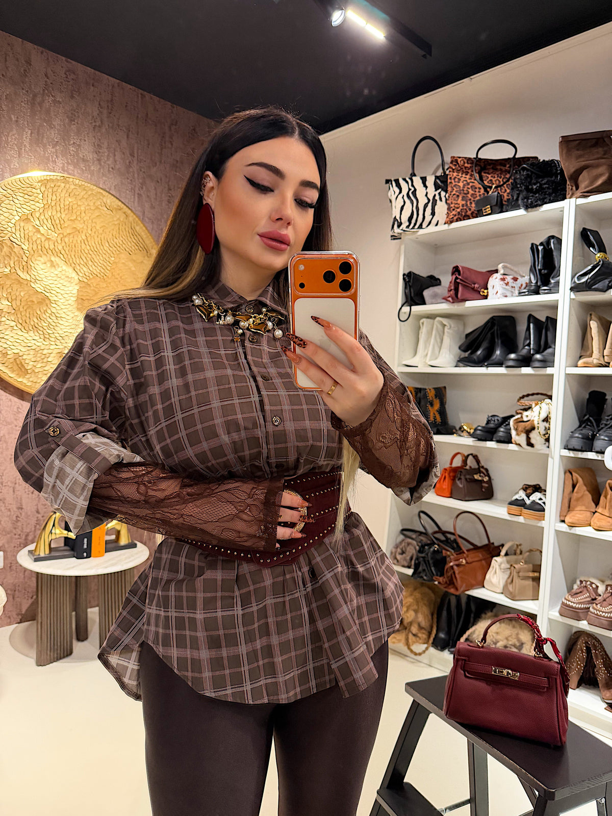 Camicia a quadri con polsino in pizzo