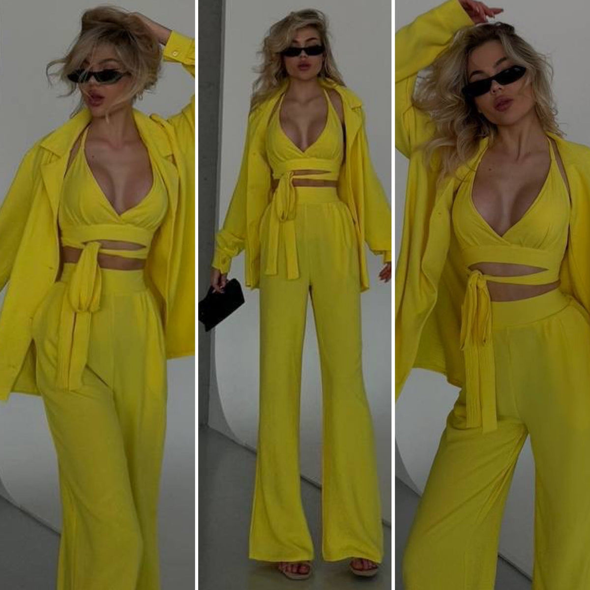 Set tre pezzi camicia top e pantalone giallo