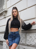 Felpa crop nera con lacci