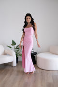 Abito a sirena con push up e incrocio rosa bubble