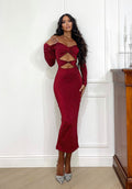 Abito lungo a fasce e strass burgundy