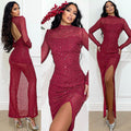 Abito lungo in paillettes bordeaux