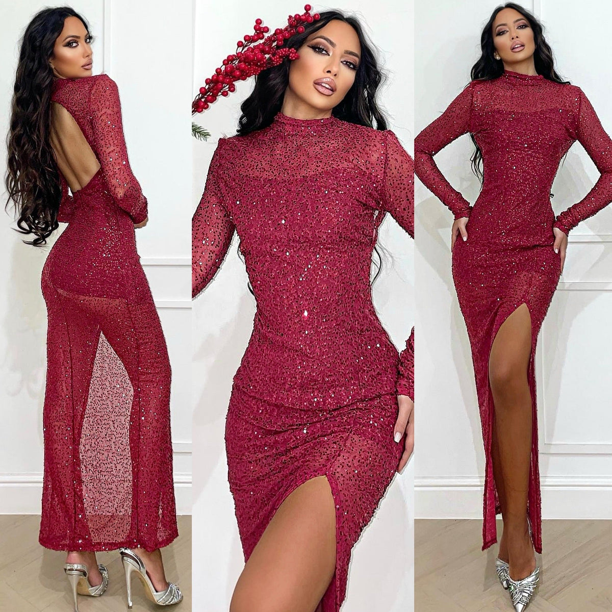 Abito lungo in paillettes bordeaux