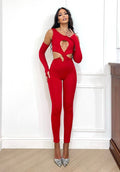 Tuta aderente con incrocio rosso