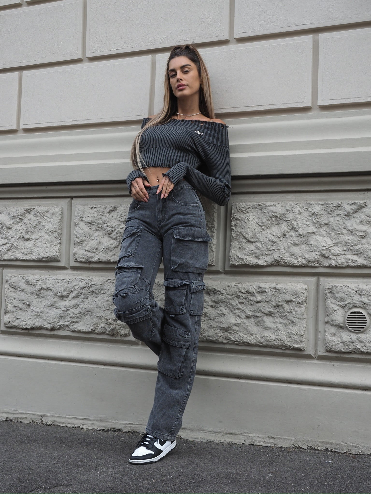 Cargo maxi con tasconi jeans grigio