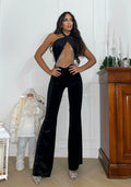 Tuta nero con incrocio e frange in strass