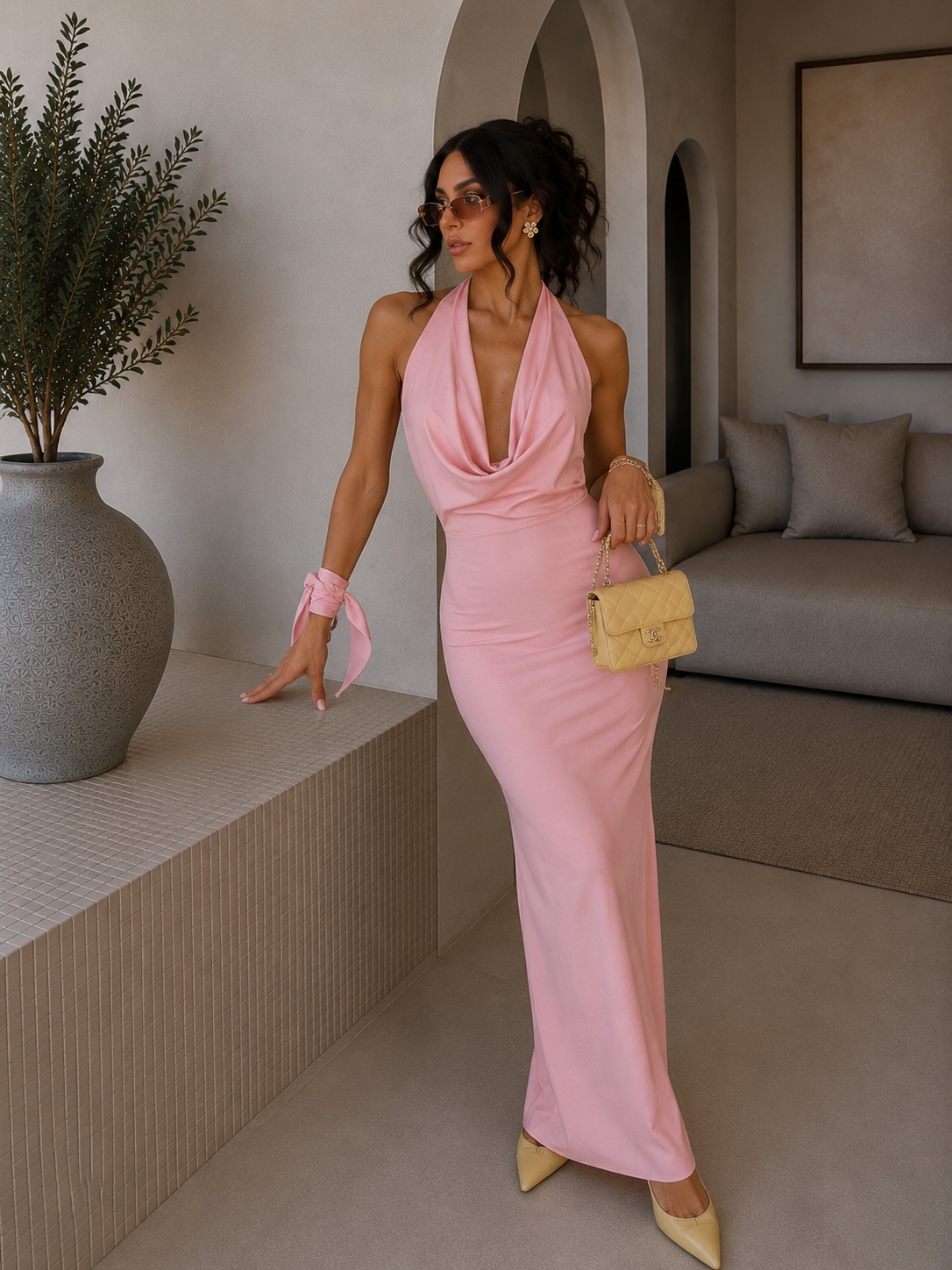 Abito rosa con laccio e scollo
