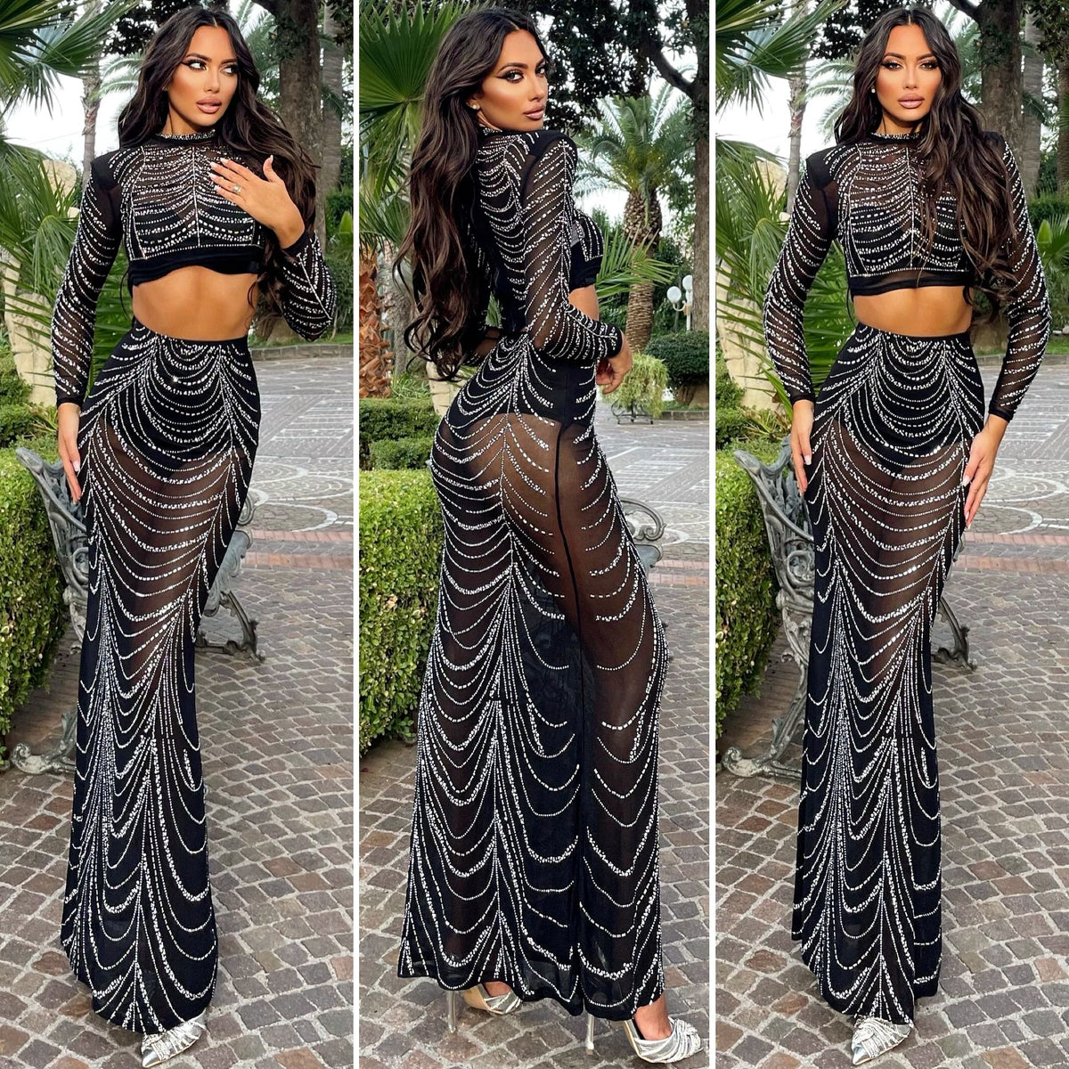 Completo top e gonna con strass