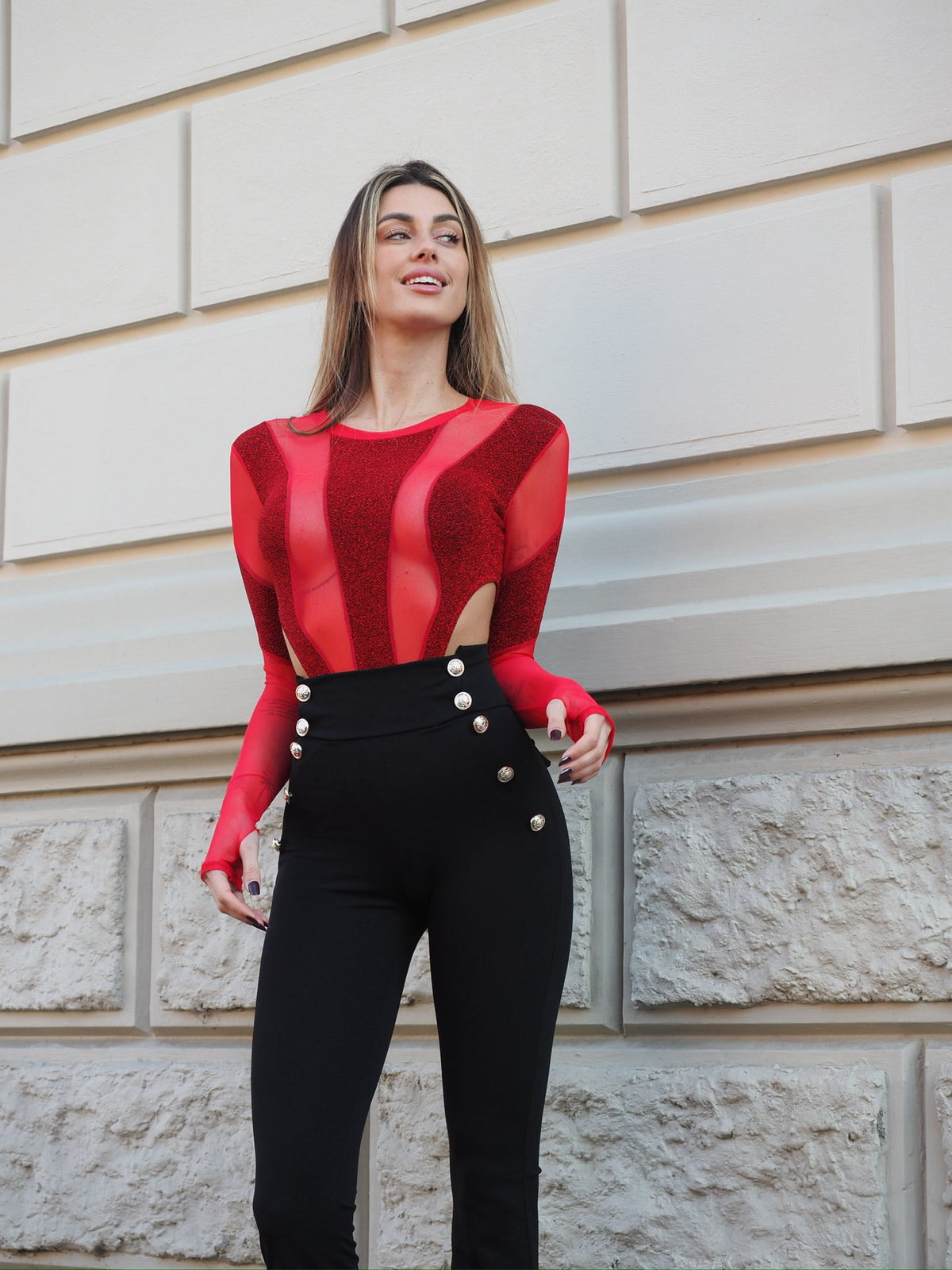 Body con trasparenza e glitter rosso