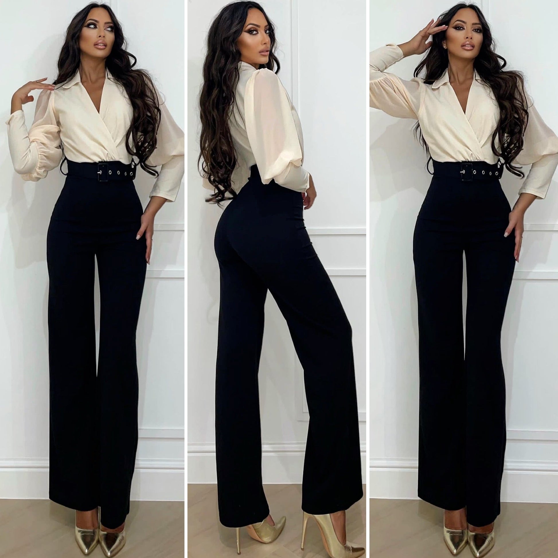Tuta beige nero con cintura