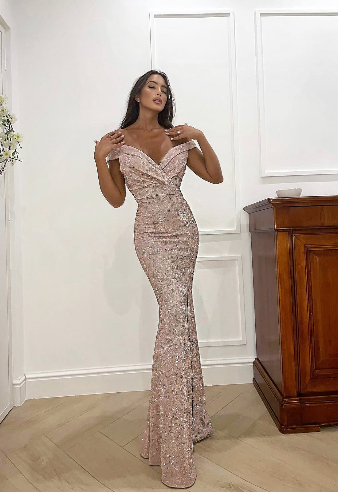 Dress Lungo con spacco per evento rosa gold