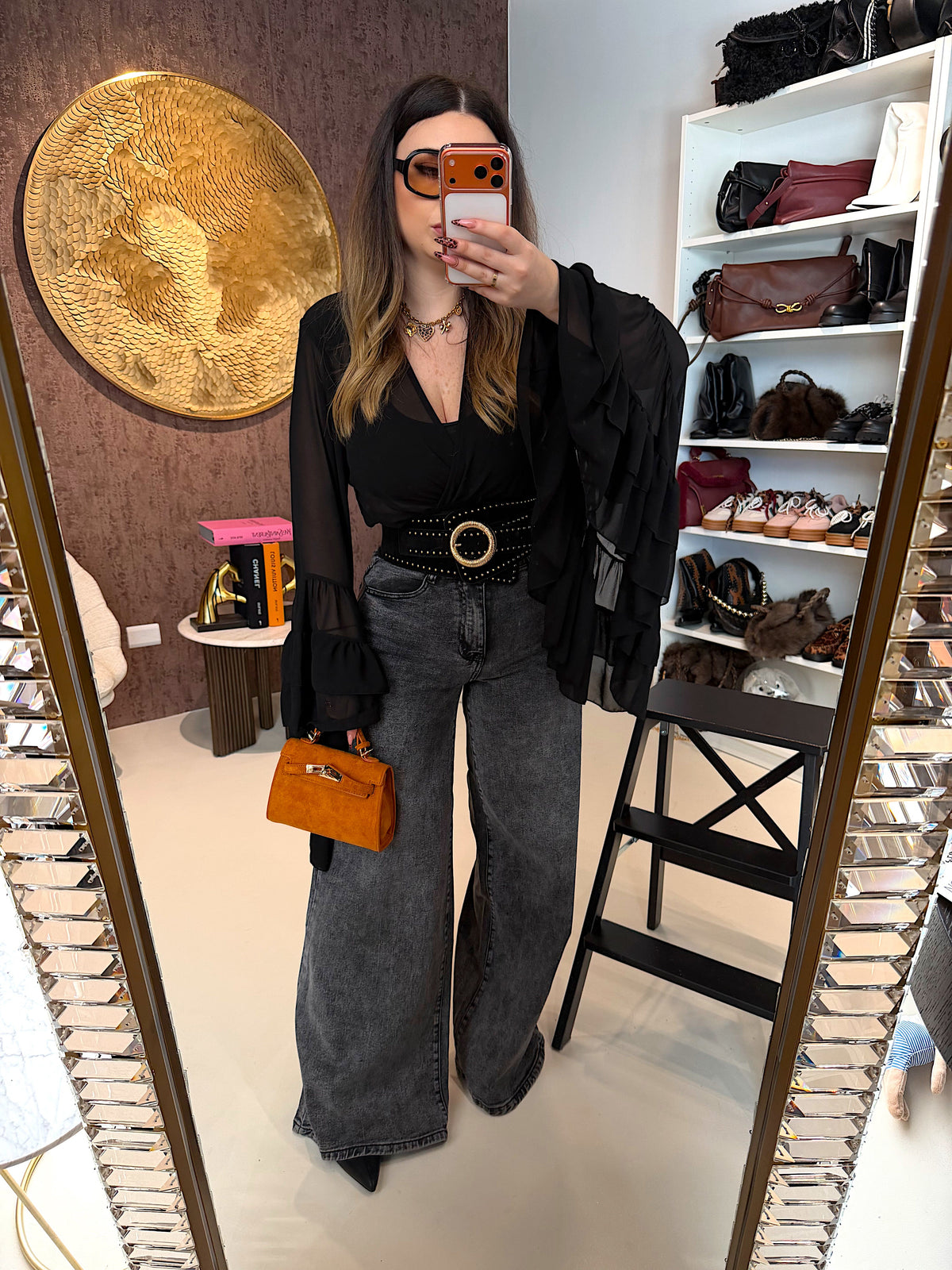 Jeans Grigio a Zampa Larghissima Effetto Vintage