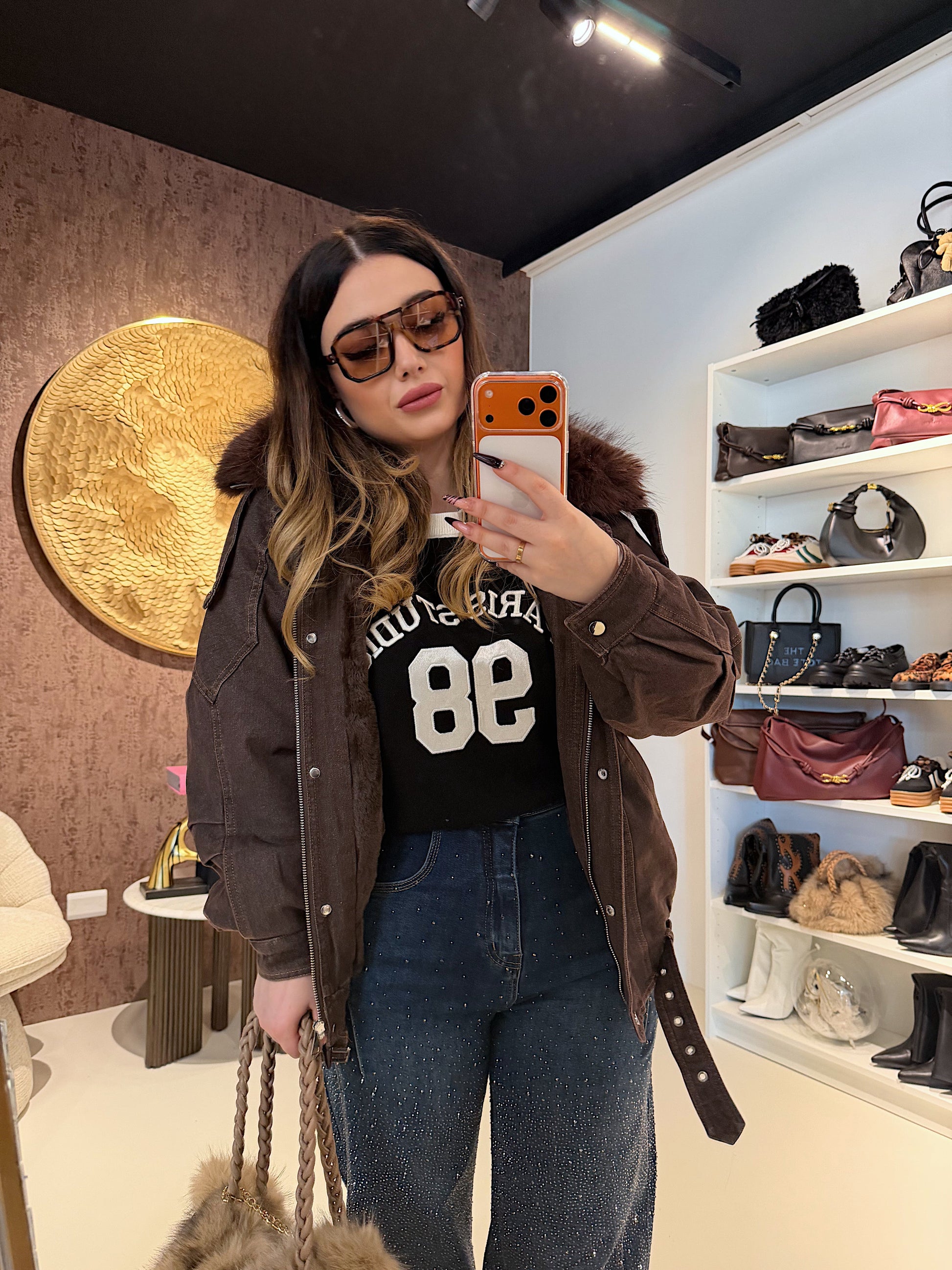 Giacca Denim con Collo in Pelliccia