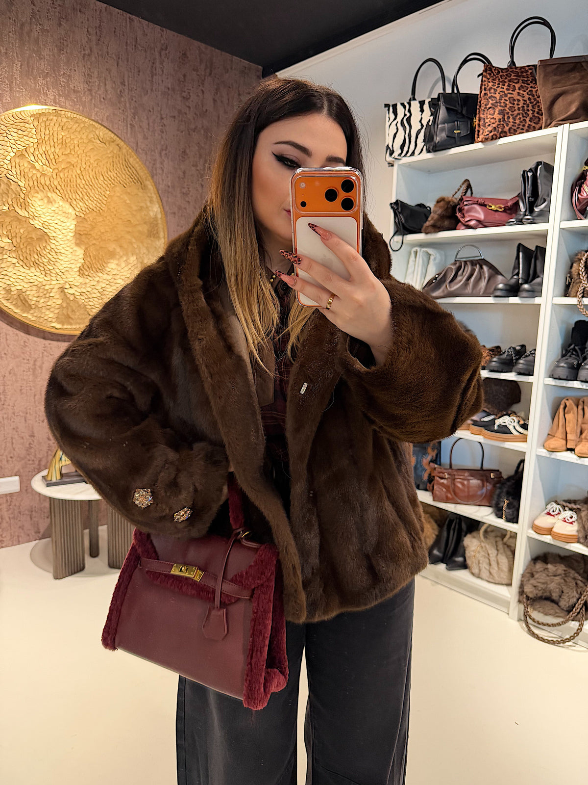 Giacca Pelliccia Elegance bordeaux e marrone