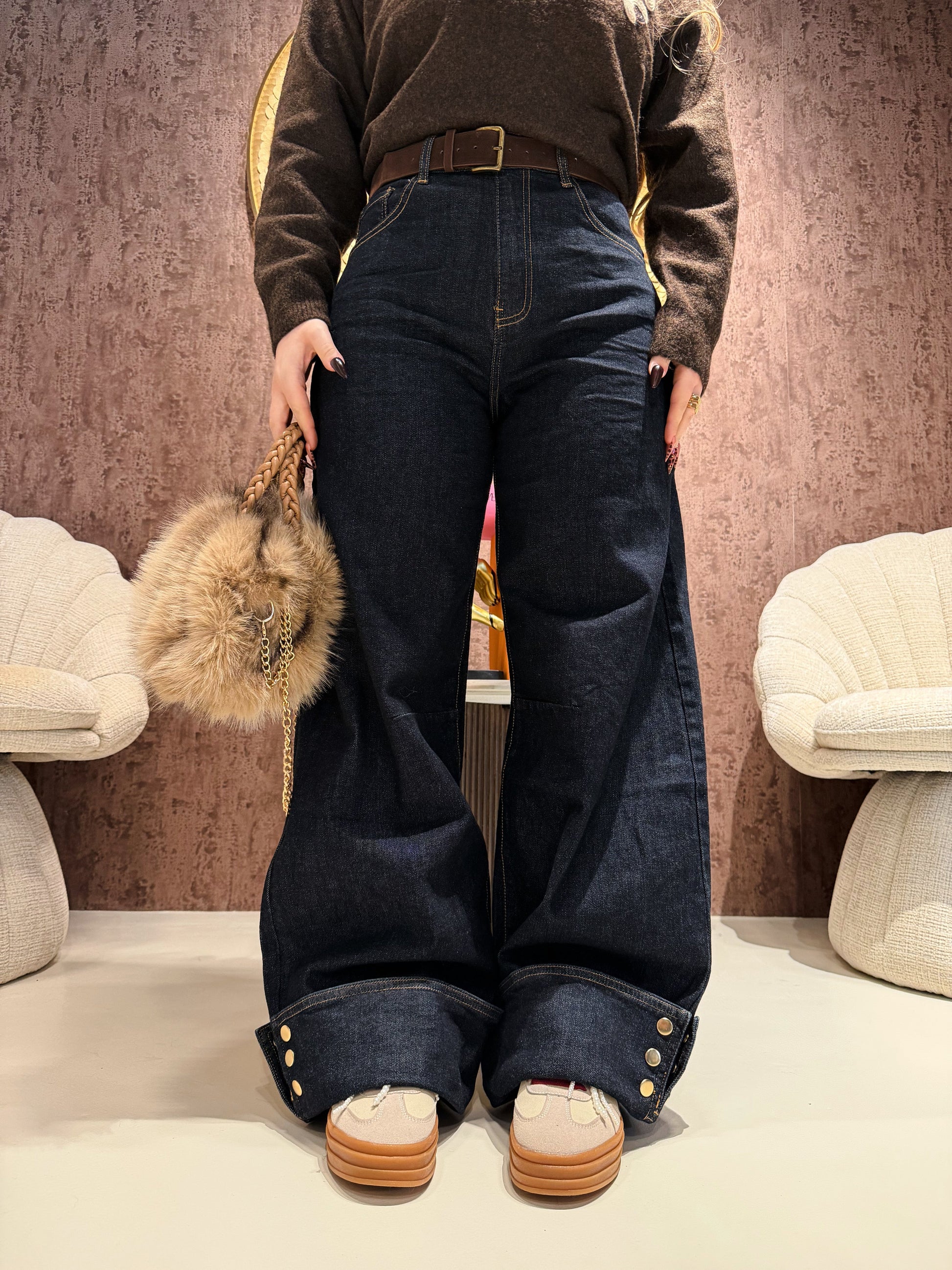 Jeans Turn Up Wide Leg con cintura
