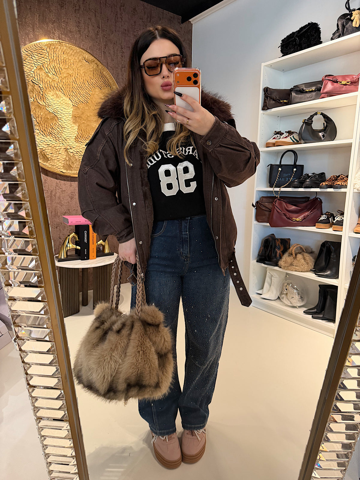 Giacca Denim con Collo in Pelliccia