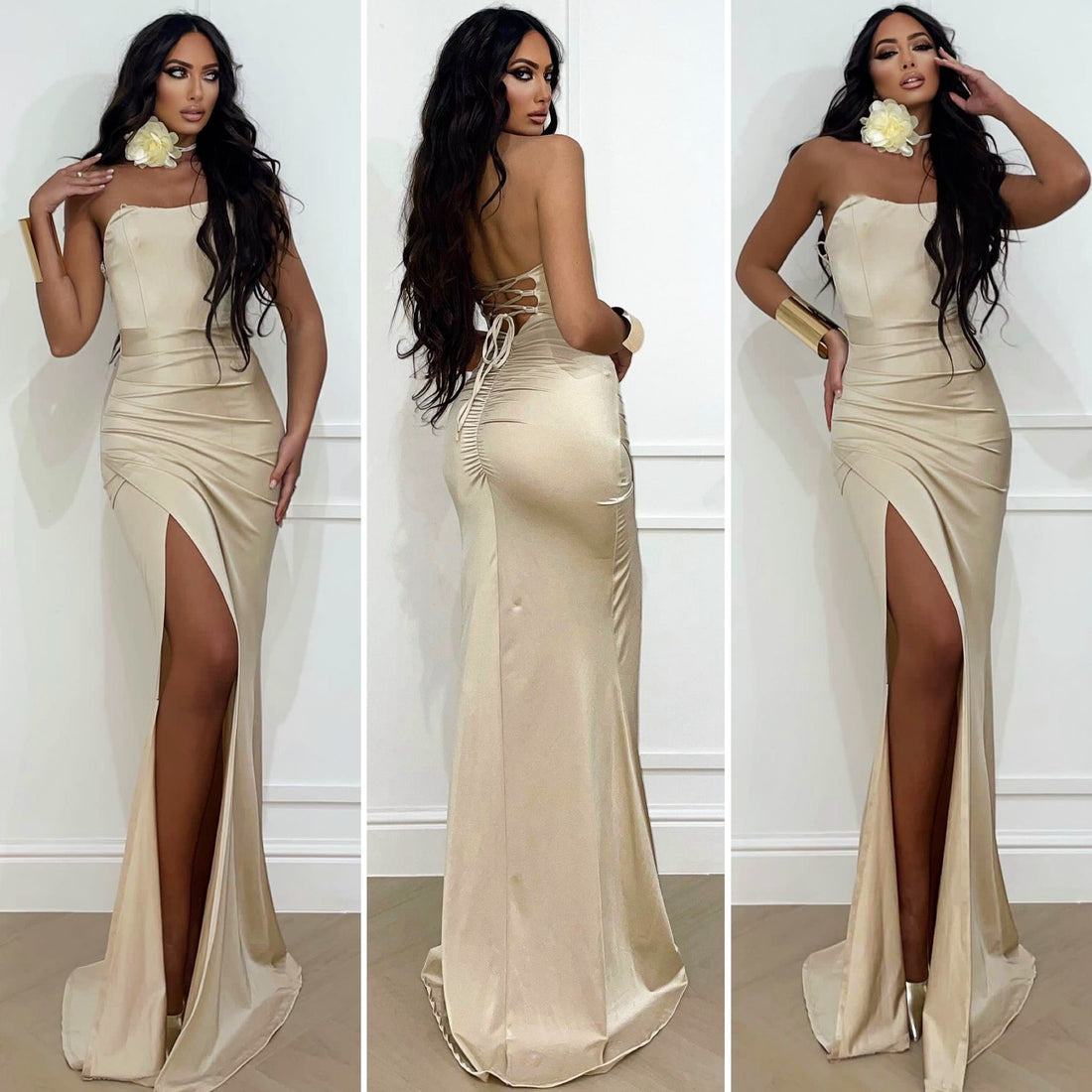 Abito a sirena con push up e incrocio beige