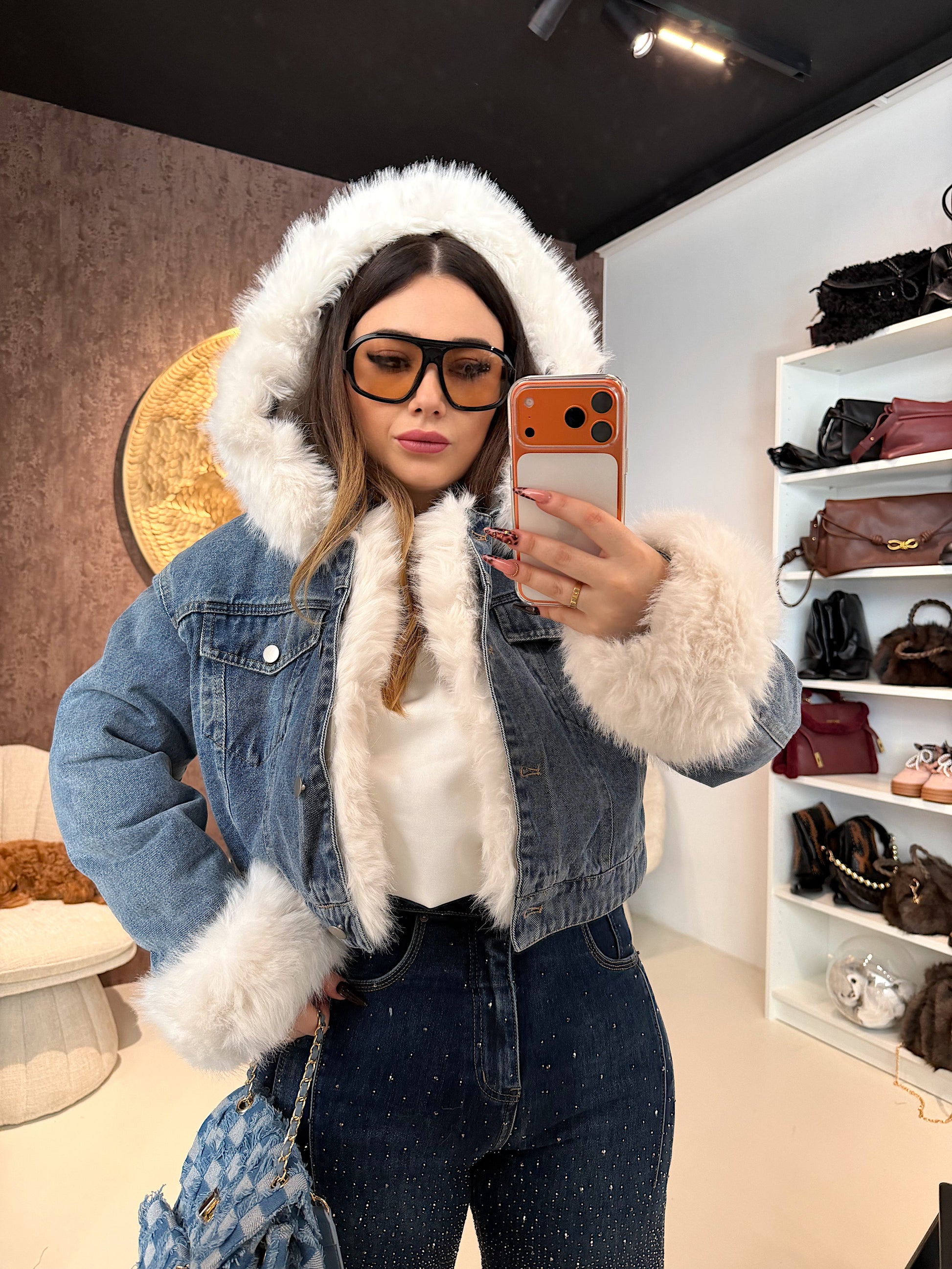 Giaccone di jeans pelo bianco