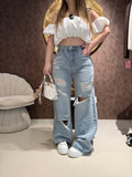 Jeans Wide Leg Strappi e Borchie