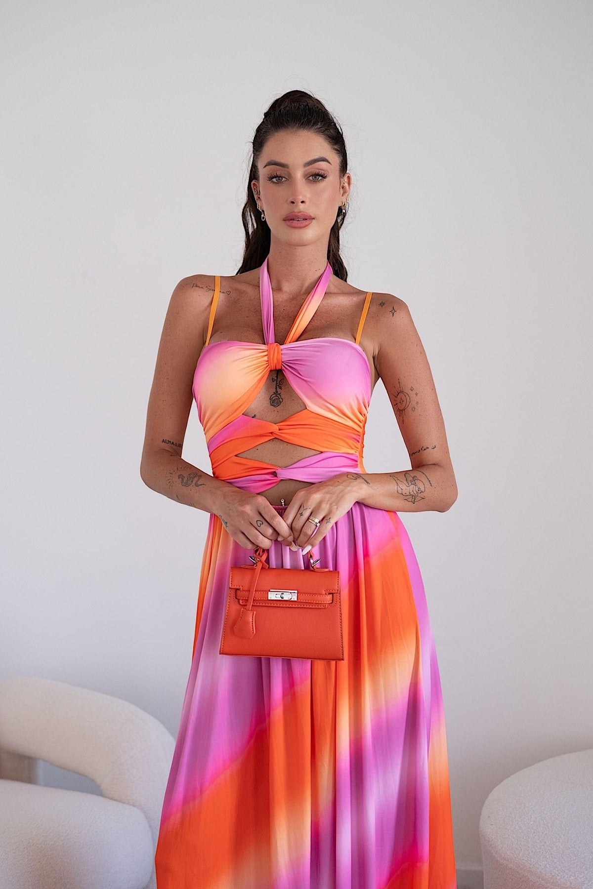 Abito lungo Fuxia arancio con incrocio