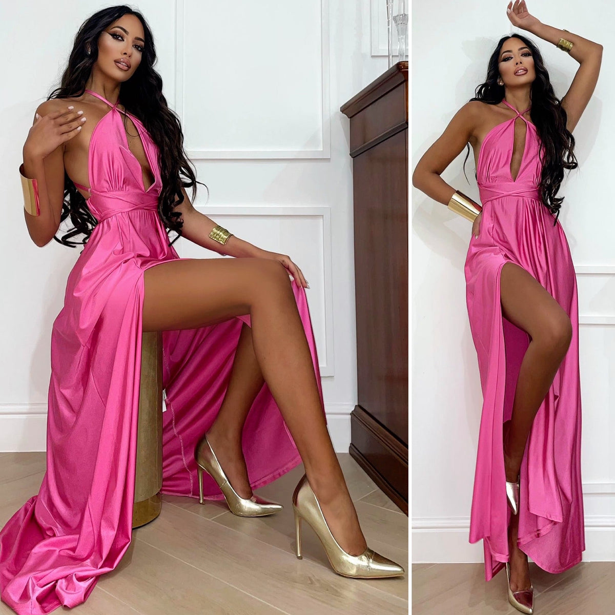 Abito lungo in raso rosa barbie