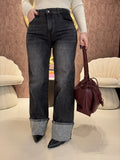 Jeans con risvolto e strass