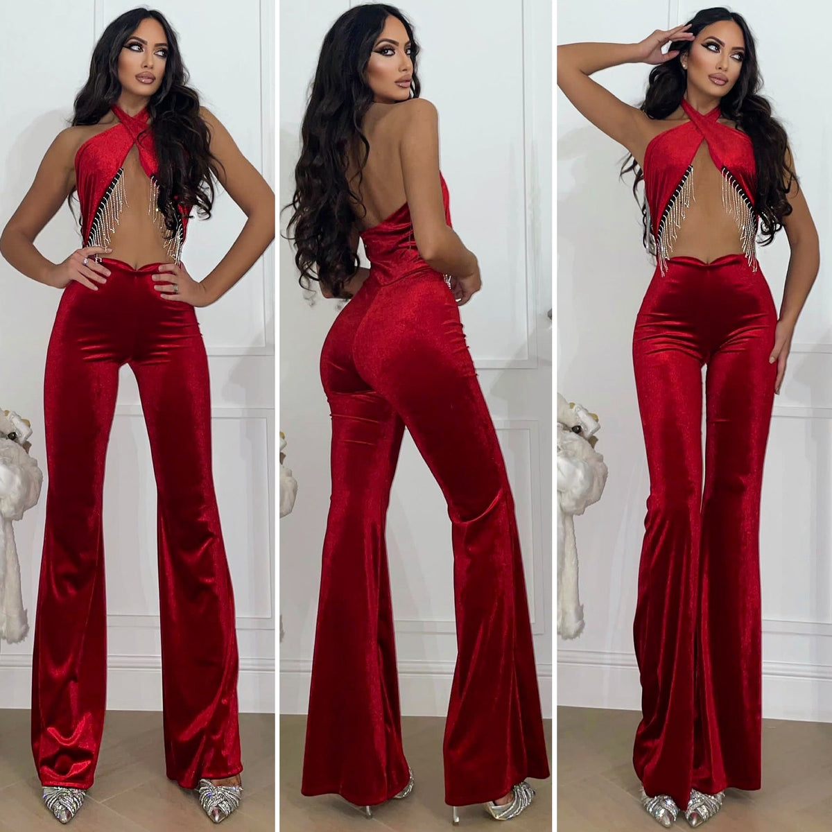 Tuta rossa con incrocio e frange in strass
