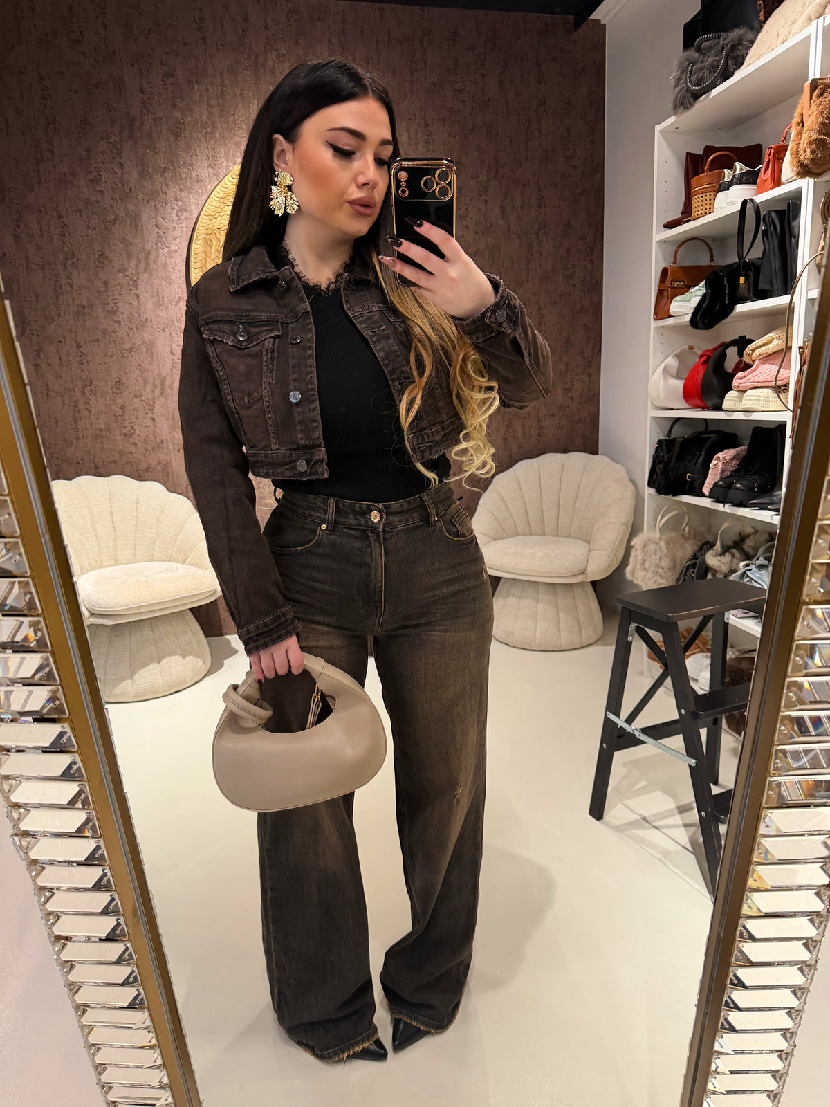 Completo Denim Dark Brown – Giacca Crop & Pantalone Flare