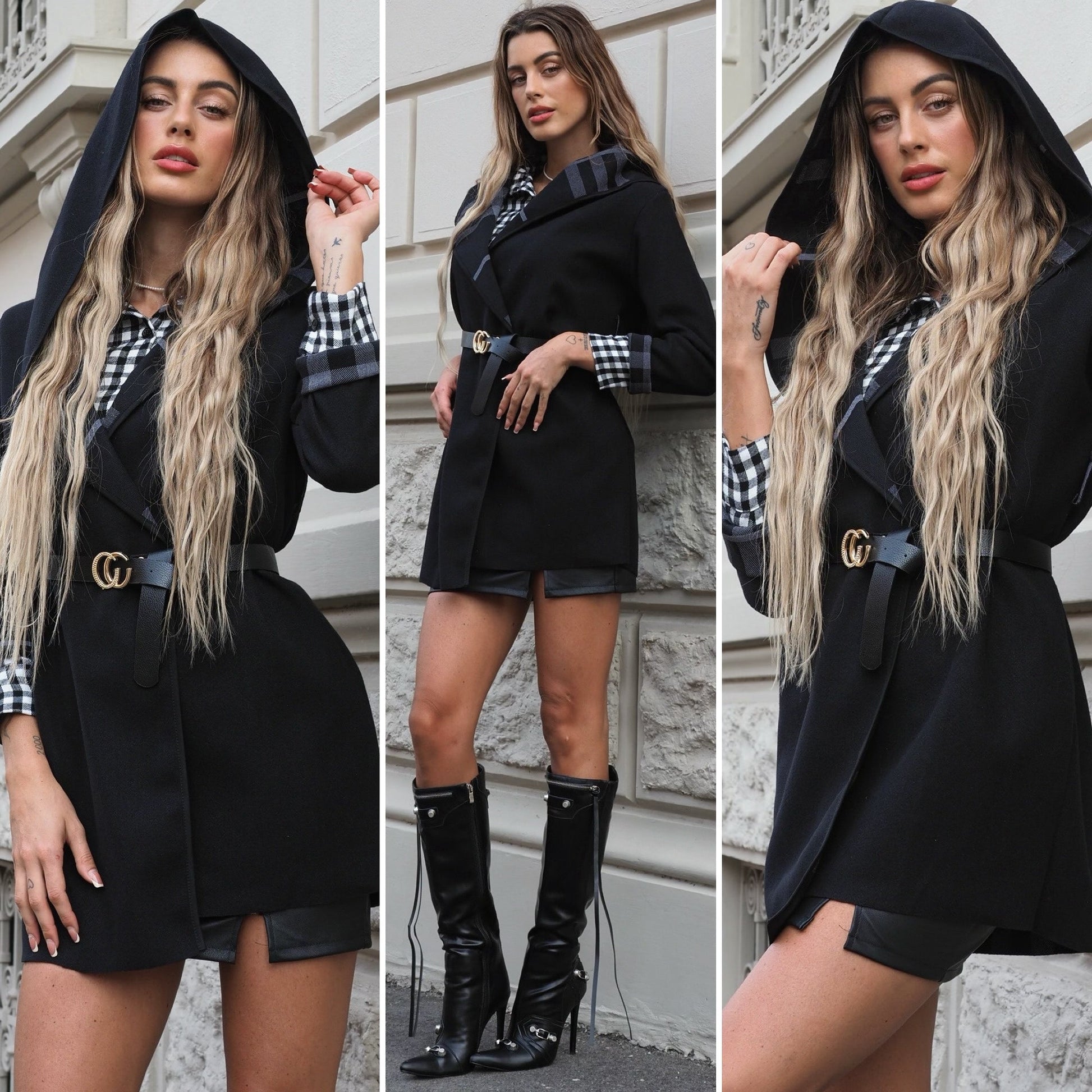 Cappotto check nero con cintura