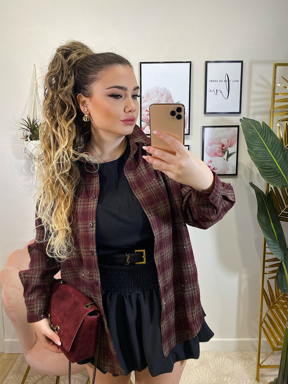 Camicia check burgundy con strass