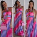 Abito lungo Fuxia azzurro lilla  con incrocio