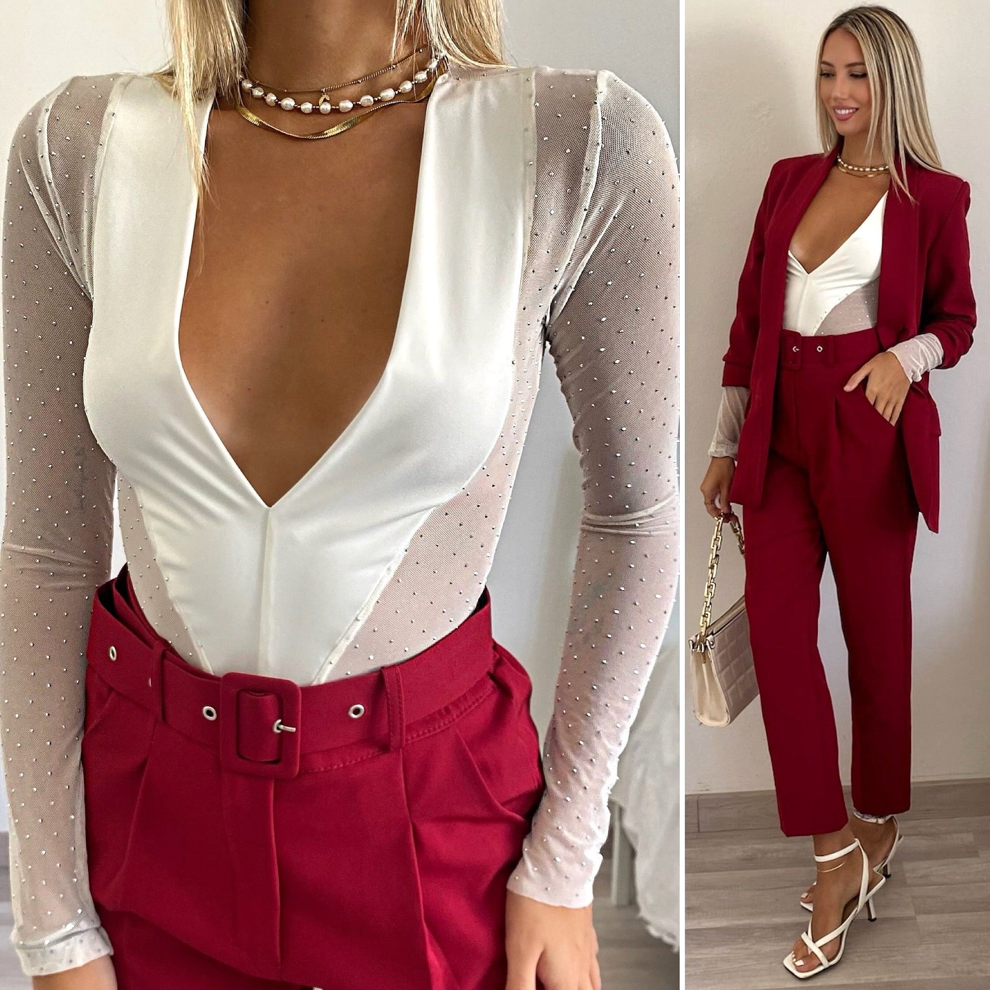 Body bianco con strass e scollo a V
