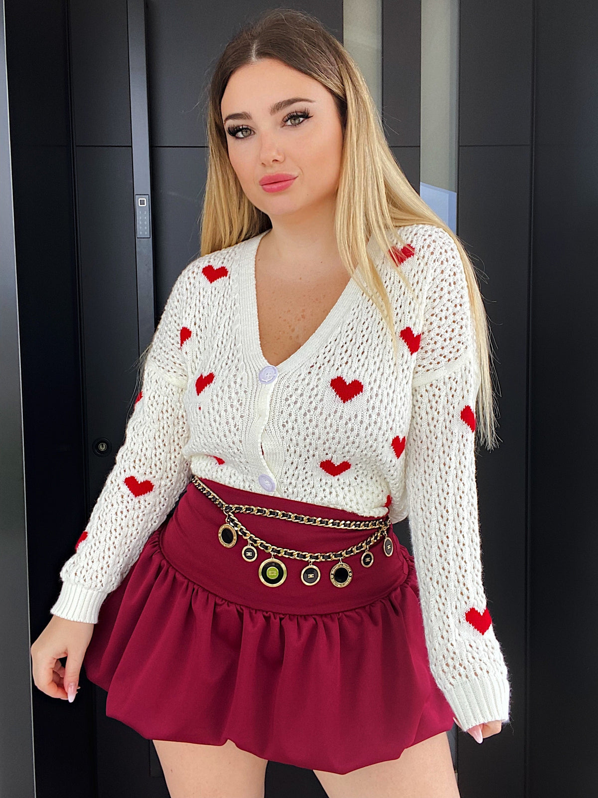 Cardigan bianco cuori rossi