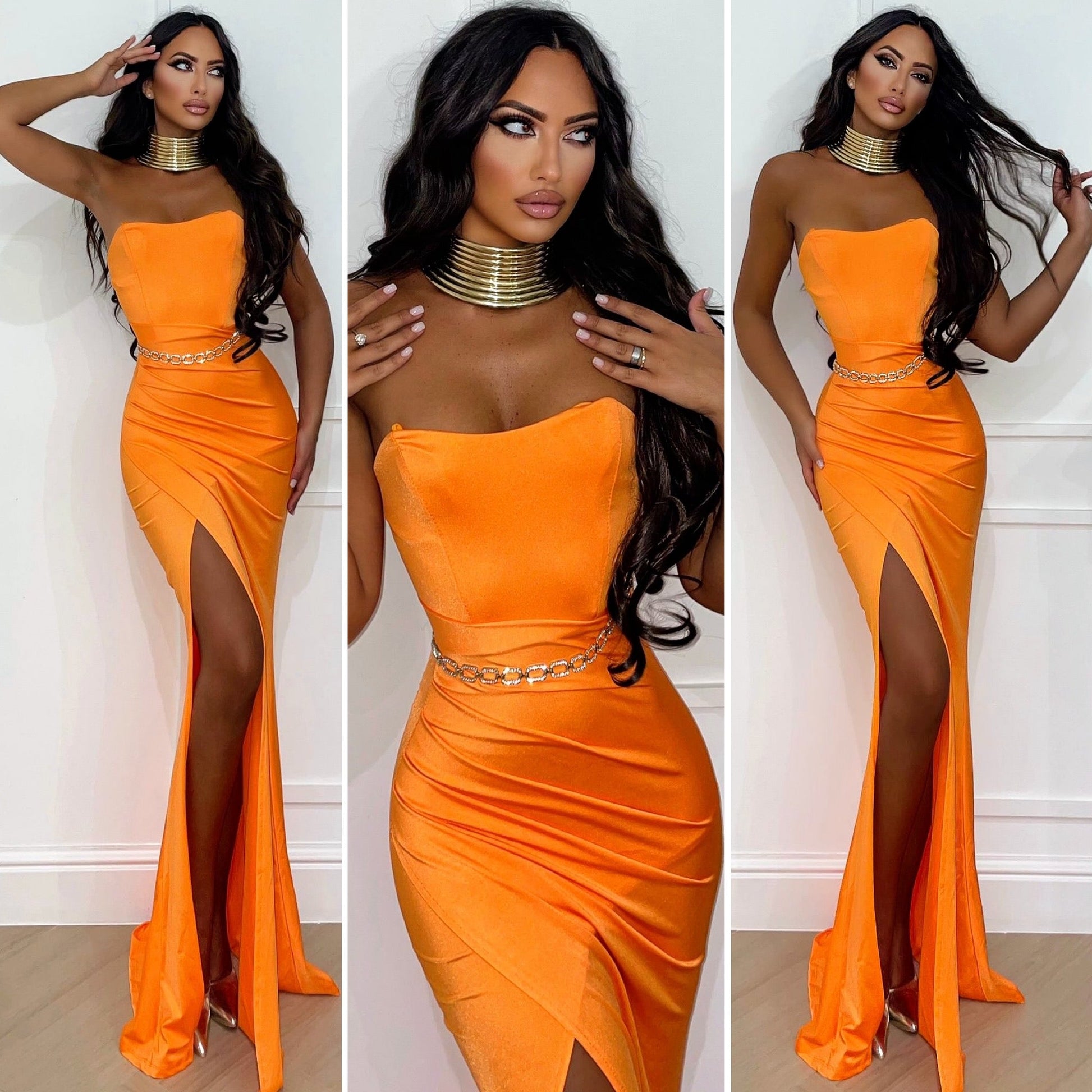 Abito a sirena con push up e incrocio arancio