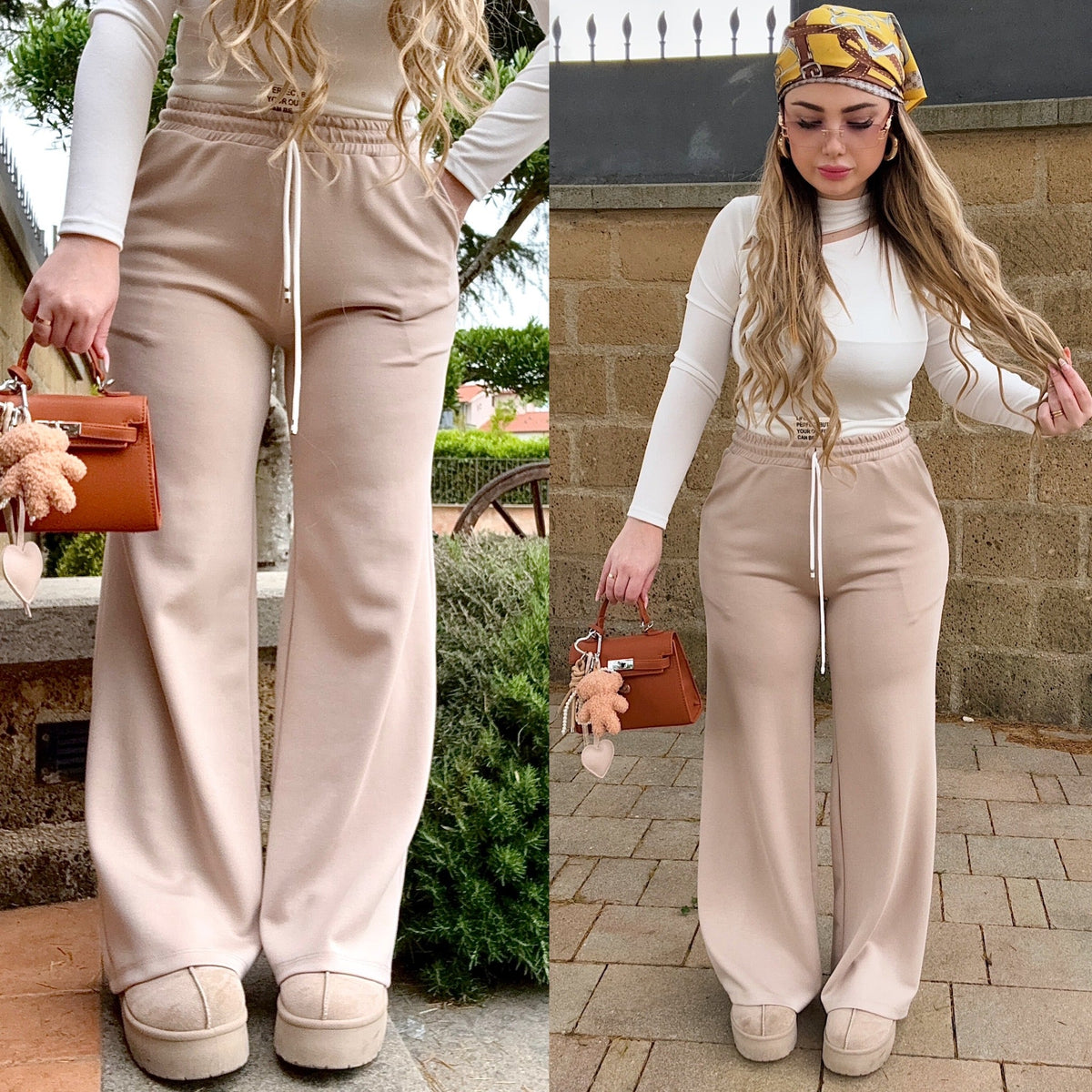 Pantalone beige con banda bianca