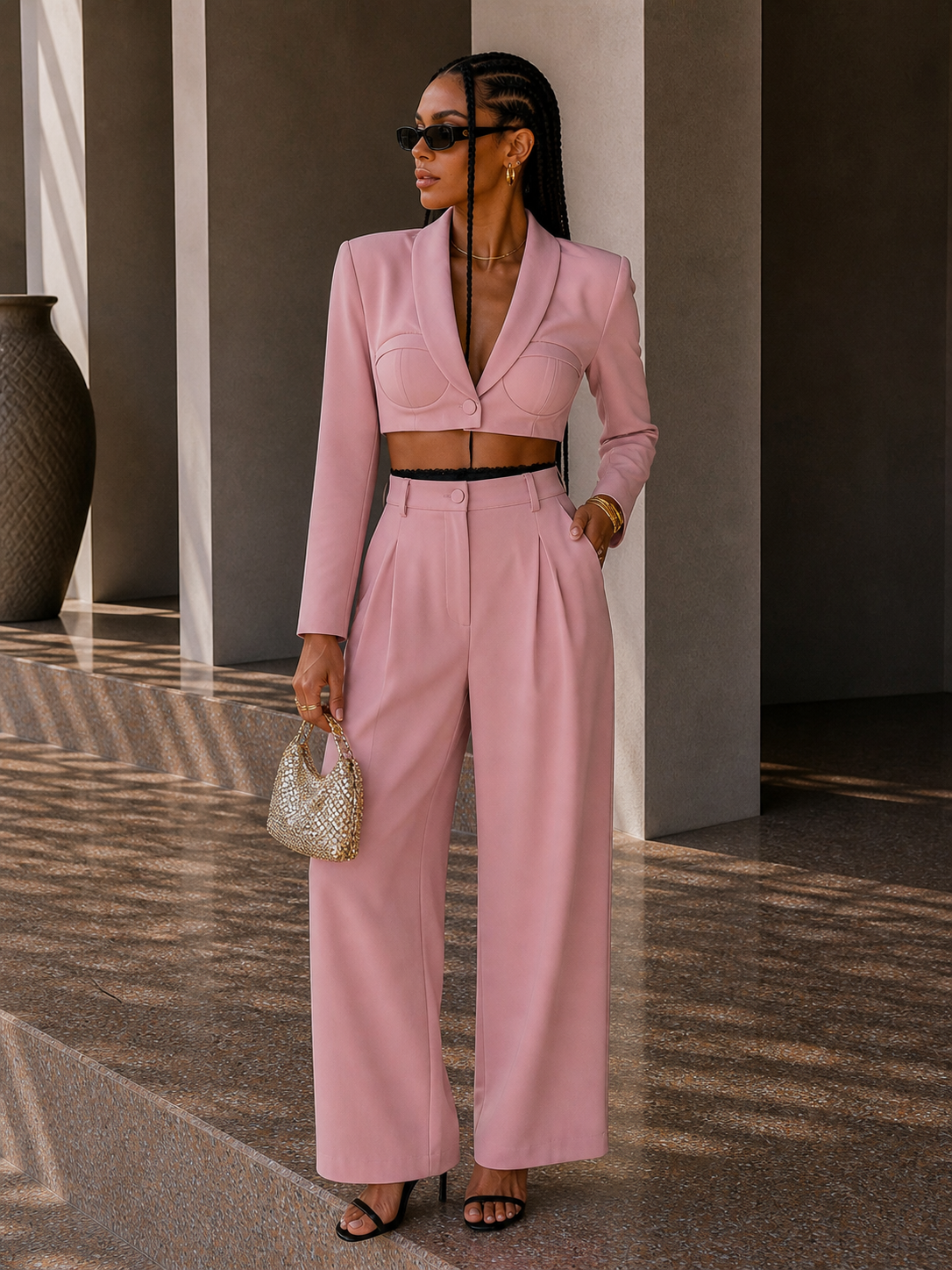 Tailleur giacca e pantalone rosa con dettaglio nero in pizzo