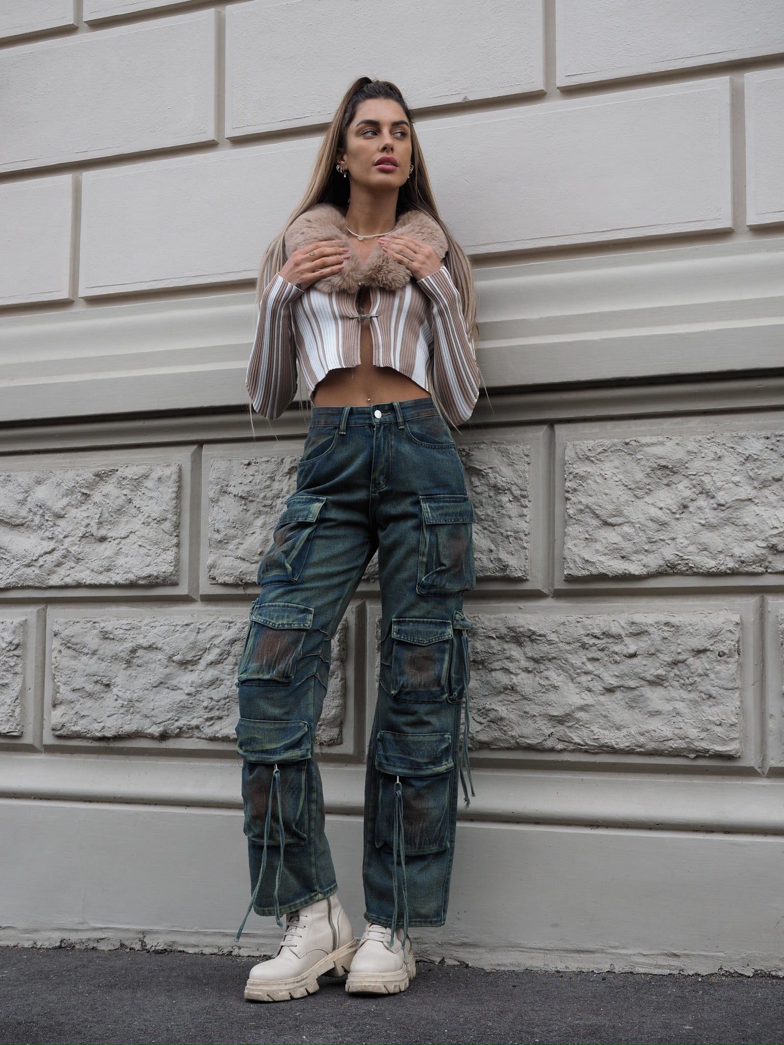 Cargo maxi con tasconi jeans macchiato