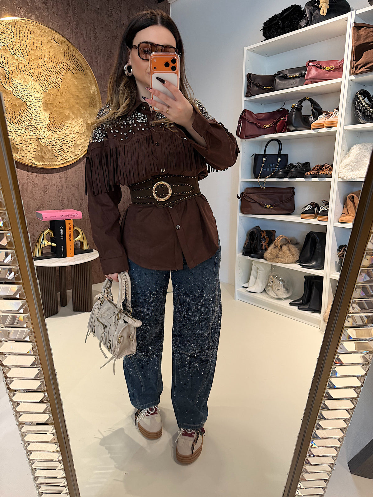 Giacca in camoscio con frange e strass marrone