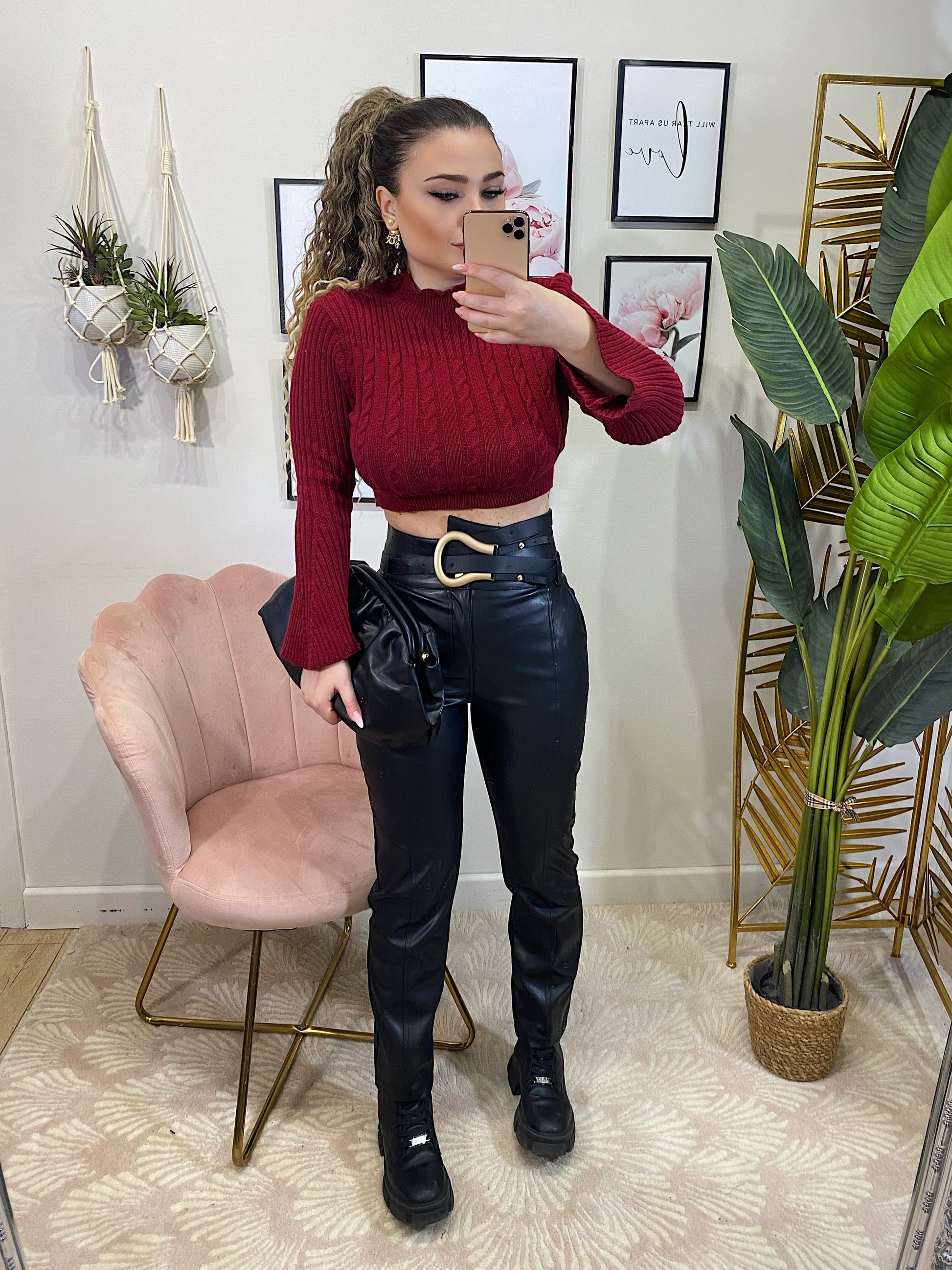 Pull crop burgundy a trecce