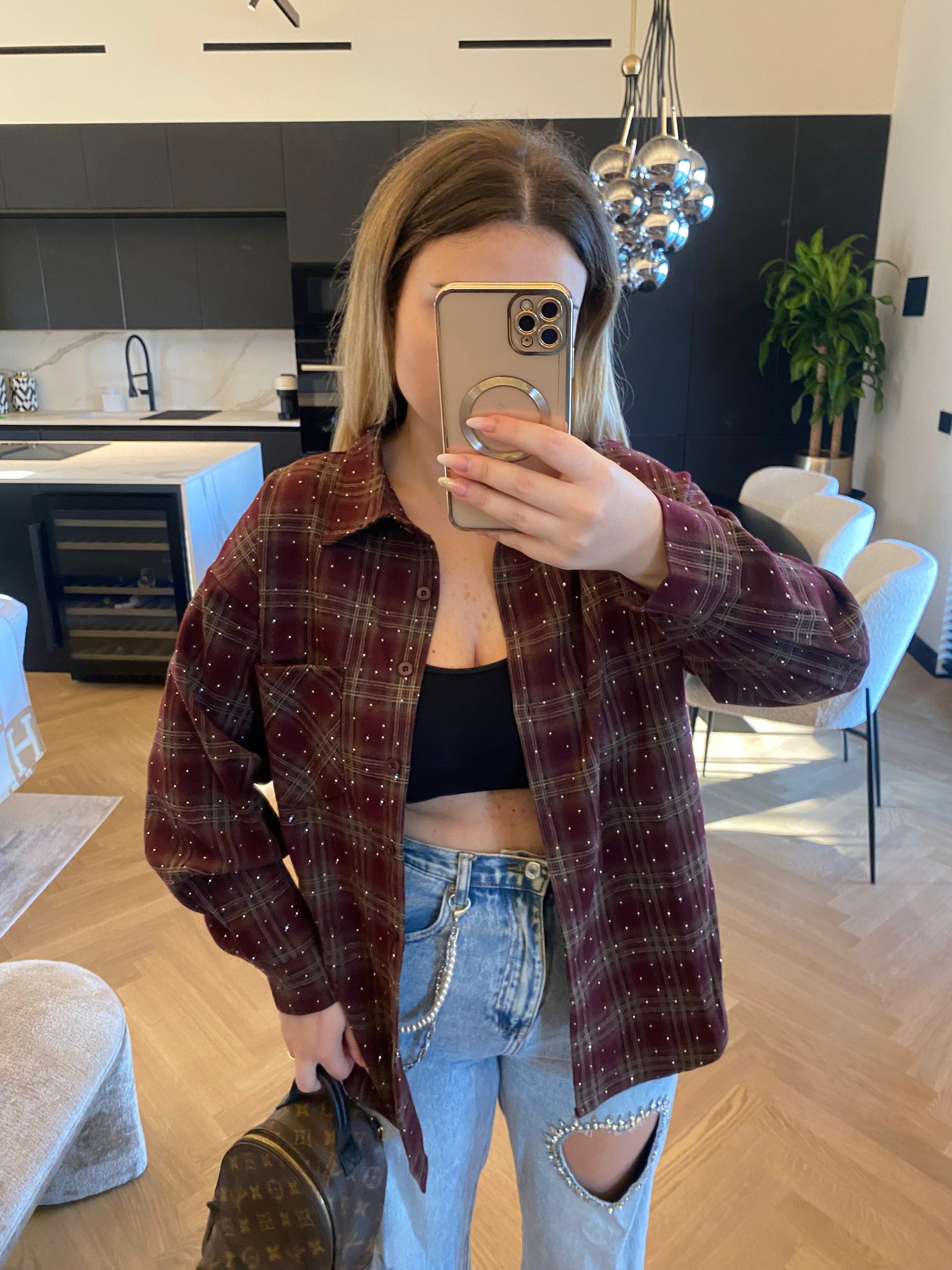 Camicia check burgundy con strass
