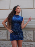 Abito smanicato con paillettes blu oceano