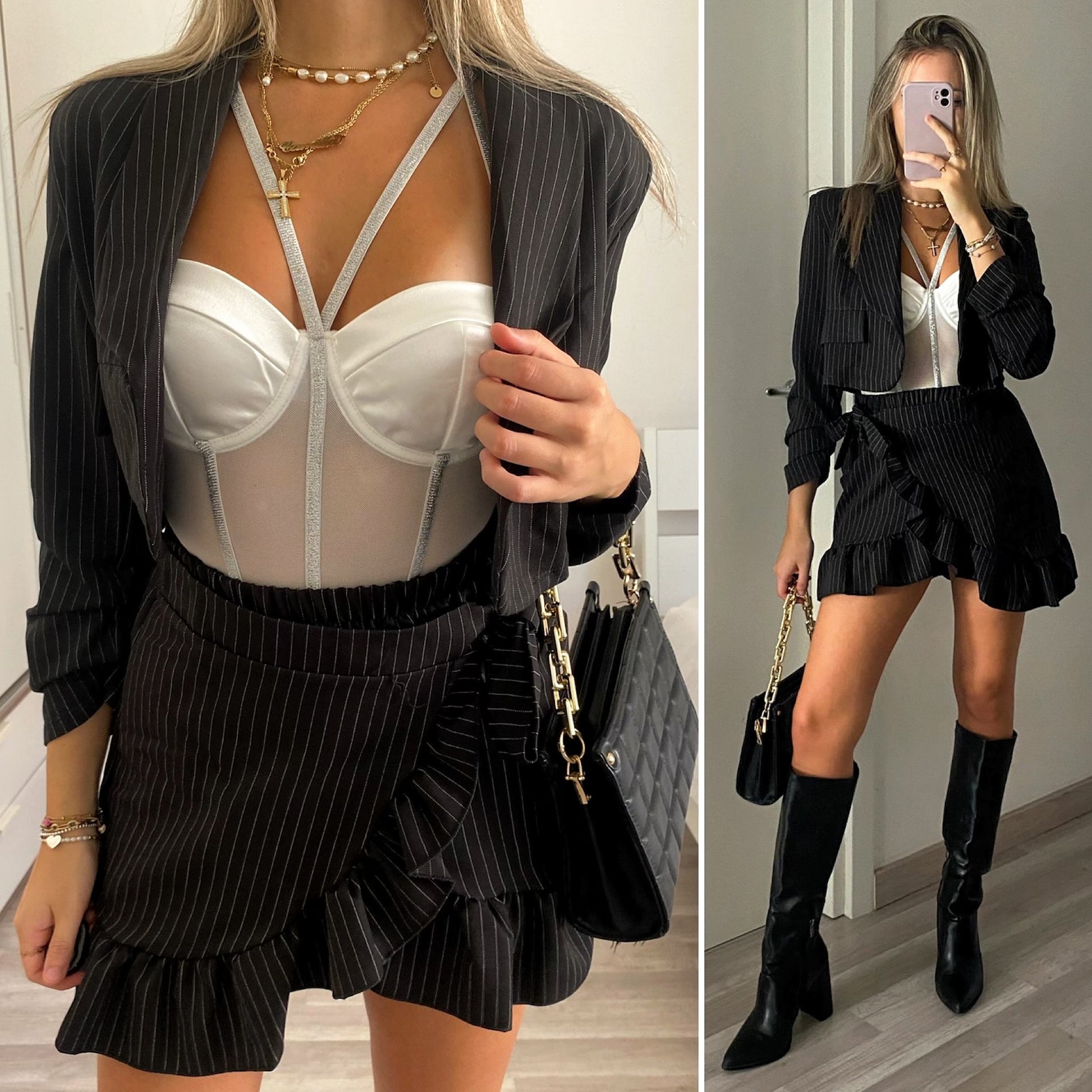 Completo giacca e gonna gessato nero