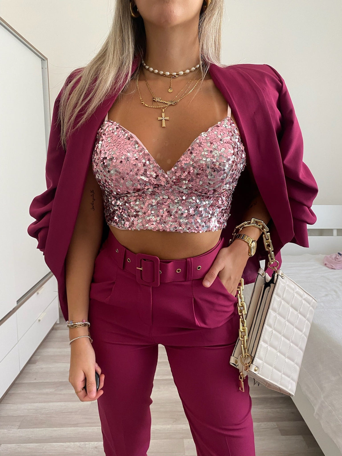 Top con paillettes rosa