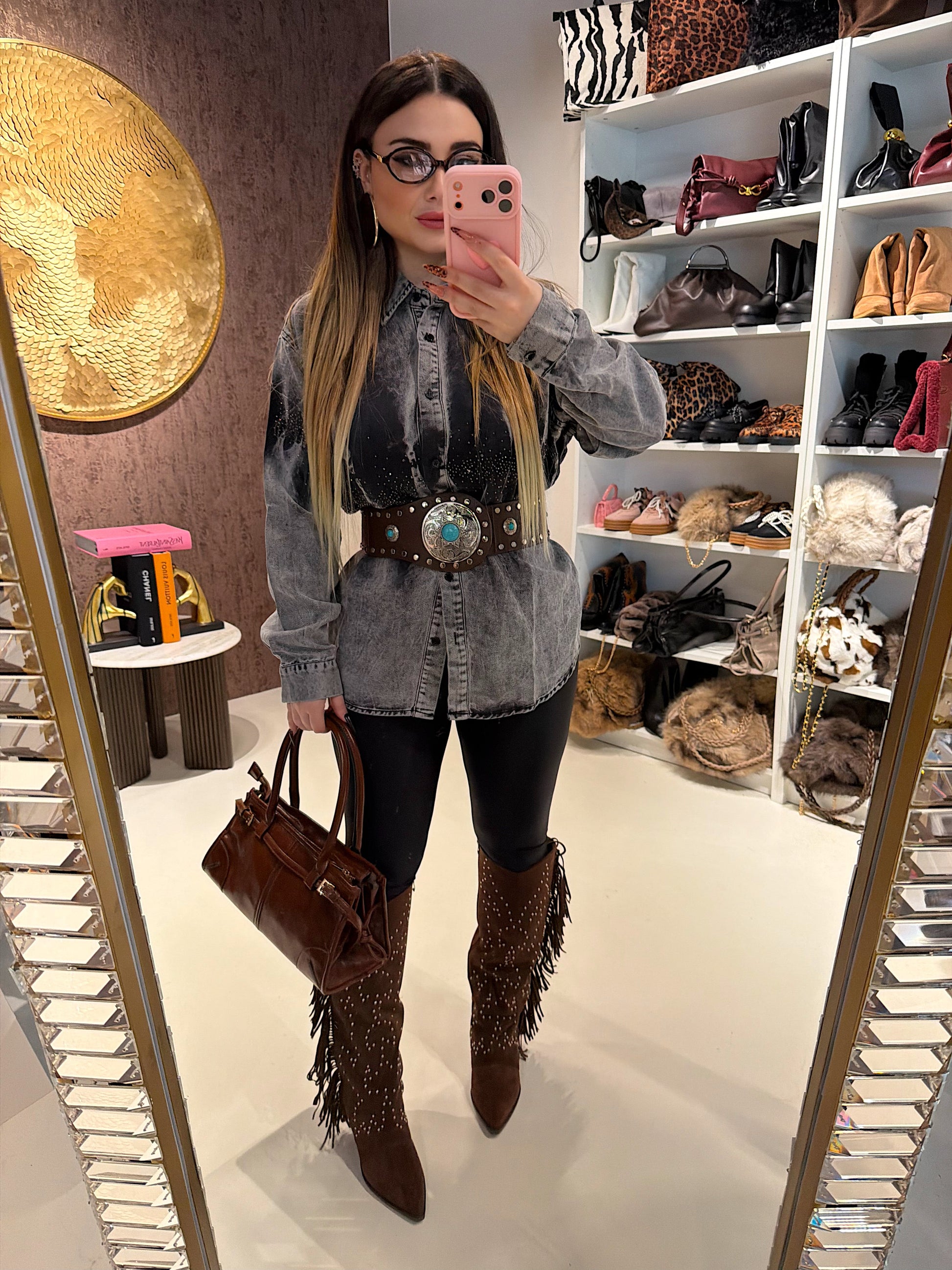 Maxi camicione in jeans e strass