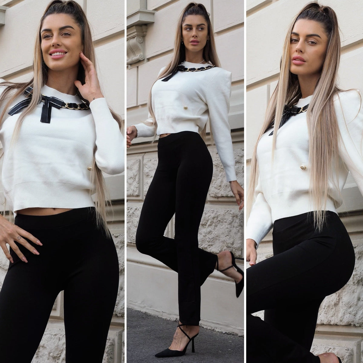 Maglione panna con fiocco nero