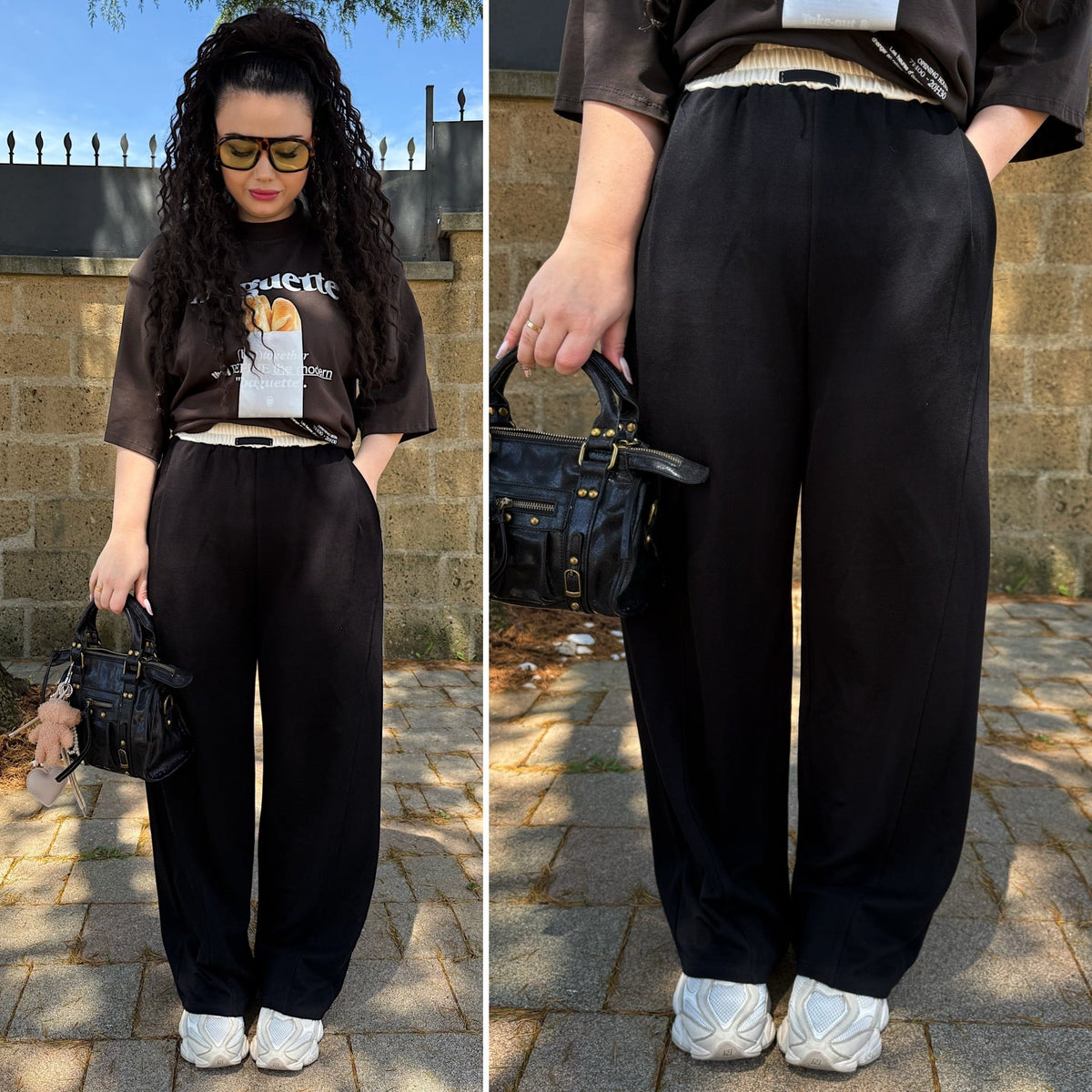 Pantalone nero banda beige