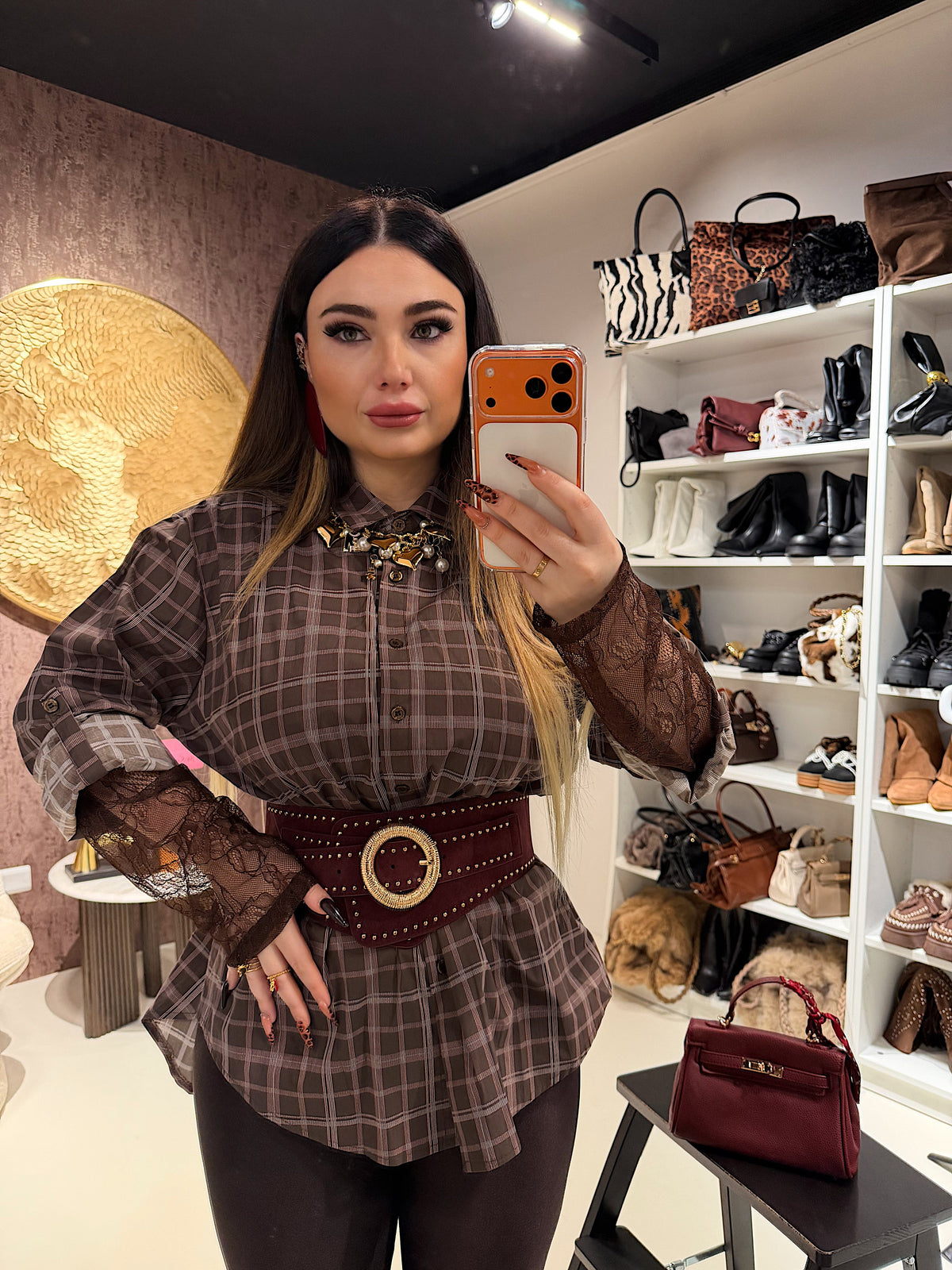 Camicia a quadri con polsino in pizzo