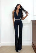 Tuta nera con strass e scollo