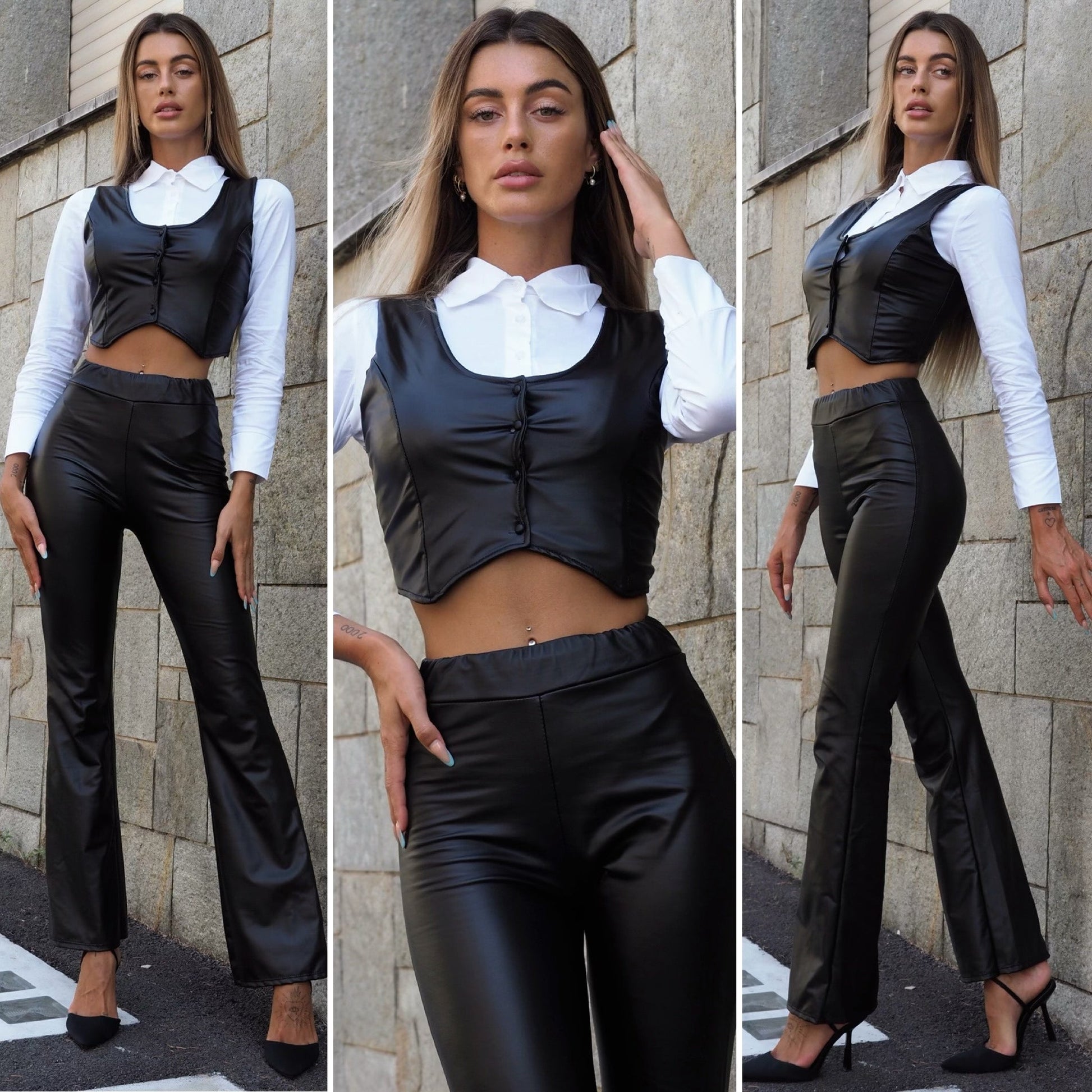 Completo smanicato e pantalone ecopelle